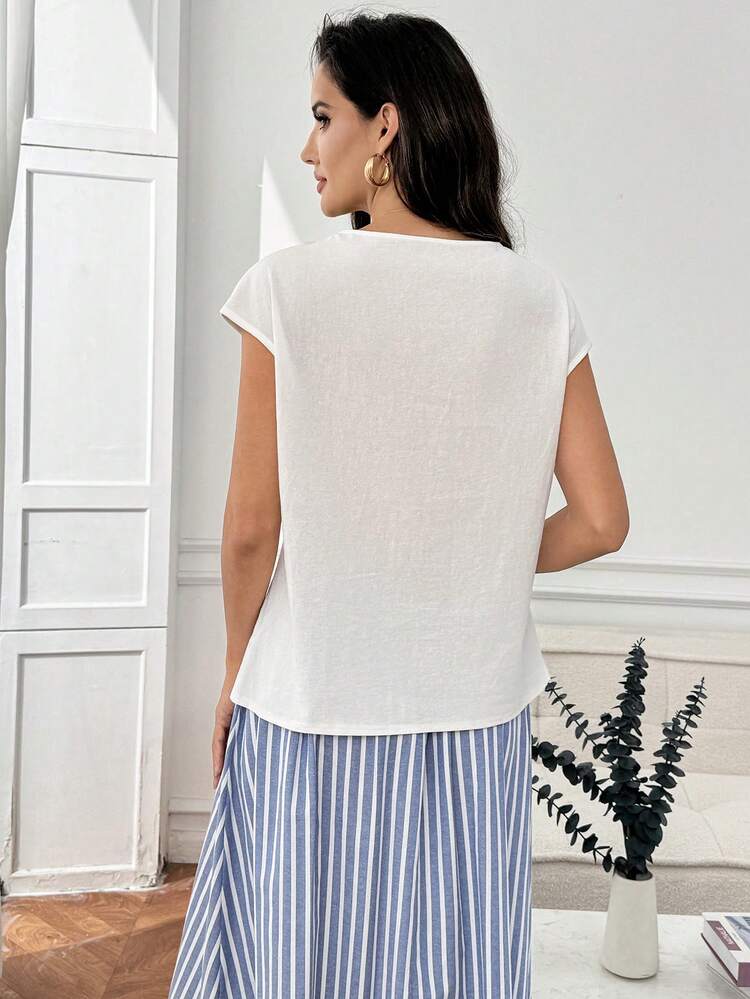 Elegant White  Blouse For Women – Floral Lace Neckline Cap Sleeve Top, Perfect For Summer & Spring, Ideal For Vacation, Beach, Going Out, Casual Daily Wear,Summer Outfits For Women