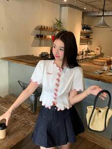 DAZY 女士白色棉质蝴蝶结荷叶边短袖V领衬衫，露脐设计，秋冬款 - 白色 - 查看 10