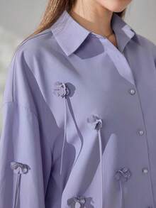 Veilorie 女士纯色3D立体花卉装饰落肩长袖优雅衬衫 - 紫色 - 查看 8
