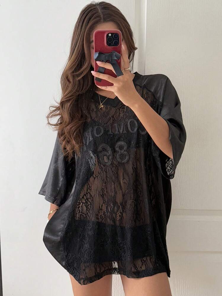 Women's V-Neck Short Sleeve Letter Embroidery Loose Lace Patchwork Casual Street T-Shirt, Summer