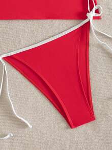 Swim SPRTY Women's Summer Beach Patchwork Halter Tie Fashionable Tankini Swimwear Set - Red and White - View 7
