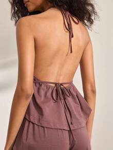 Ocili Women's Ruffled Hem Halter Top And Pants Pajama Set - Burgundy - View 6