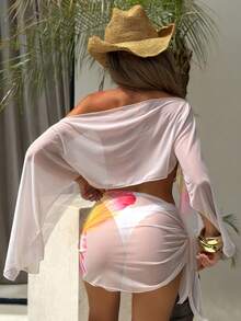 Swim Vcay 女士休闲度假沙滩派对蝴蝶结优雅印花罩衫泳衣两件套 - 彩色 - 查看 3