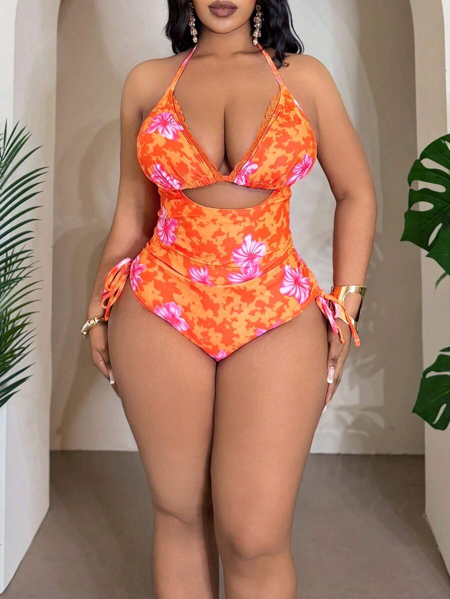Slaydiva 2026 Spring New Halter Hollow Out Printed One-Piece High Waist Ruched Swimsuit For Women - Multicolor - View 1