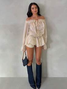 SHEIN Glamour 女士露肩系带性感优雅约会雪纺衬衫，喇叭袖，浅黄色长袖款，休闲衬衫，荷叶边袖口，泡泡袖，略微透视 - 杏色 - 查看 2