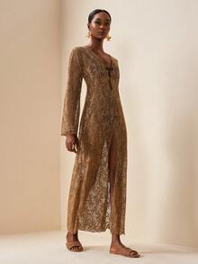 Zivah 2026 Women's Vacation Casual Beach Sheer Botanical Hollow-Out Dress Cover Up, Brown - Brown - View 5