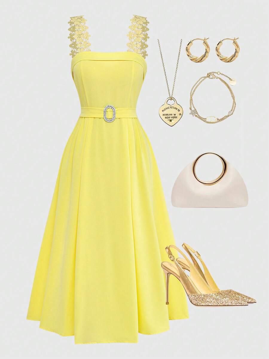 GlowEve Women's Pale Yellow Lace Trim Spaghetti Strap A-Line Waist Charming Elegant Sweet Cute Everyday Vacation Commute Fashion Date French Street Retro Versatile Spring Summer Pale Yellow New Midi Slip Dress - Light Yellow - View 1