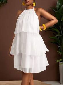 Truni Đầm trắng ngắn màu trơn dành cho nữ cỡ lớn, kiểu cổ yếm buộc dây phía sau, thời trang, sang trọng, thích hợp cho hẹn hò, dự tiệc, đi biển, mùa hè, đầm trắng gợi cảm, đầm hở lưng cổ yếm, phù hợp với dáng người quả lê và tam giác. - trắng - Xem 6