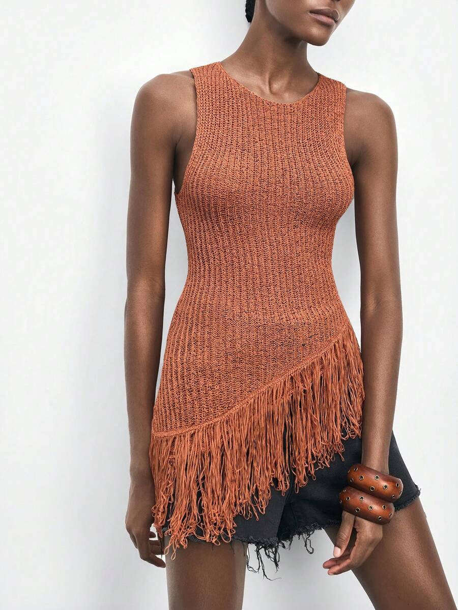Maija Women Orange Sleeveless Fringed Hem Knit Top Chic And Cool Brownaholic Alert Vacation Beach Outfits A Versatile Young Girl Spring Summer Festival - Coral Orange - View 1