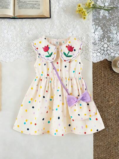 SHEIN Baby Girls' Colorful Polka Dot Print Peter Pan Collar Button Front Dress With Cute Bag, Suitable For Casual, Holiday, Cute, Elegant And Outfit