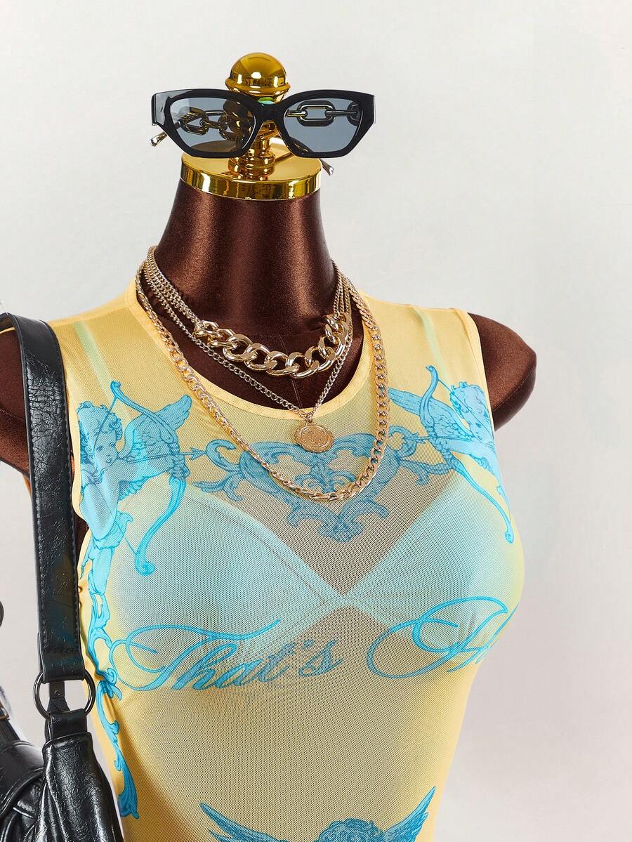 Amplova Women Angel Print Fitted Round Neck Camisole - Red - View 1