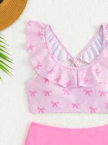 SHEIN 2pcs/Set Girls' Swimsuit, Cute Bow Print Bikini, Modest & Casual Beach/Swimming/Vacation Wear, Suitable For Summer - Pink - View 5