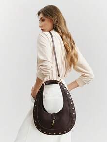 SHECARRY Túi đeo vai nữ kiểu dáng thường ngày, đính đinh tán, hình lưỡi liềm. - màu nâu - Xem 5