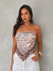 Aloruh Áo croptop in họa tiết khăn choàng mùa xuân/hè dành cho nữ, kiểu áo quây ống phong cách Bohemian với dây đeo thắt nơ, thích hợp cho các lễ hội âm nhạc. - Nhiều màu - Xem 4