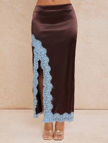 Lumalex 缎面亮面低腰修身鱼尾裙，饰有撞色蕾丝边拼接 - 咖啡棕 - 查看 4