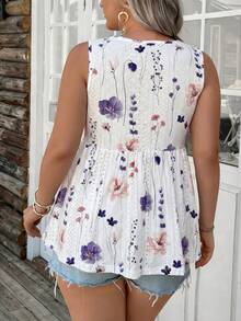 Comfylo Textured Knit Printed Cinched Waist Plus Size Tank Top, Going Out Tops - Purple - View 2