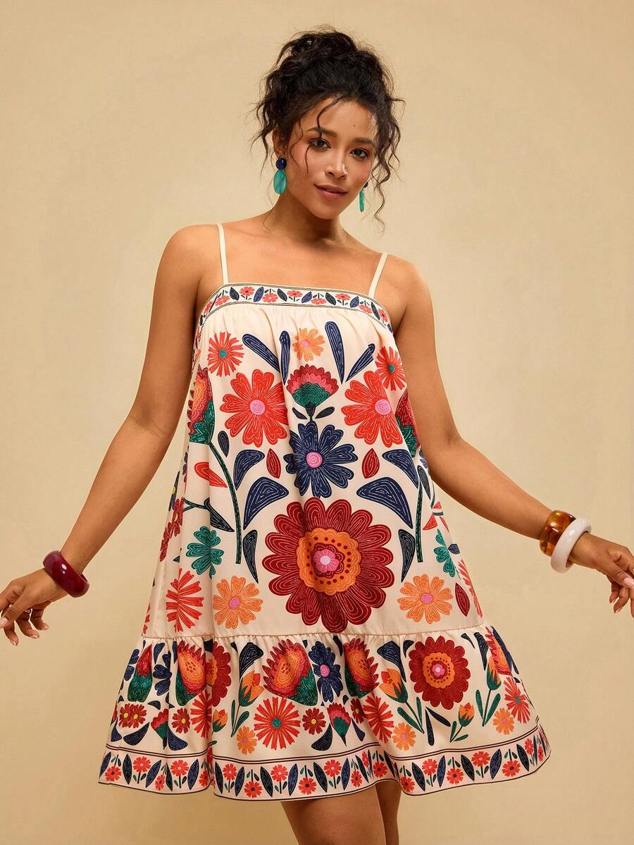 Travachic Plus Size Casual Tropical Colorful Green Plant Print Spaghetti Strap Short Dress, Summer To Early Autumn Vacation Sundress Women's Summer Dresses Women Sun Dress Women Casual Dresses Women's Summer Outfits Women's Spring Dress - Multicolor - View 1