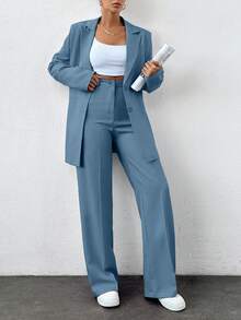 Women's Solid Color Notched Collar Single-Breasted Long Sleeve Jacket And Wide-Leg Pants Suit, Tall Women - Dusty Blue - View 5
