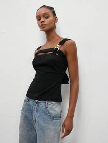Gossip Girl X SHEIN SHEIN Maija MAIJA Summer Elegant Sexy Tie Front Backless Satin Slip Cami Top Going Out Night Out Outfits Summer Outfits Black Gold - Khaki - View 5