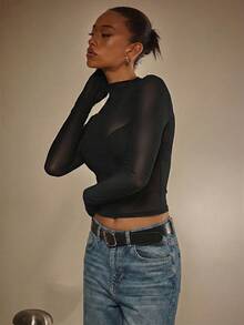 Athîral 女士休闲长袖黑色针织上衣 - 黑色 - 查看 2