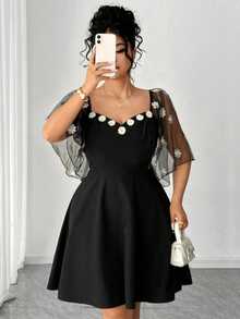 Elenzga Elegantes Maxikleid in Große Größen mit besticktem Mesh-Ärmel und Patchwork-Muster, geeignet für Frühling/Sommer, Schulanfang, Urlaub, Abschluss, Feiertage, Valentinstag, Weihnachten, Musikfestivals, Muttertag, Halloween, Thanksgiving, Ostern, Nationalfeiertag, Abschlussball, Dates, Partys, Hochzeiten, Outdoor-Aktivitäten - Schwarz - Übersicht 3
