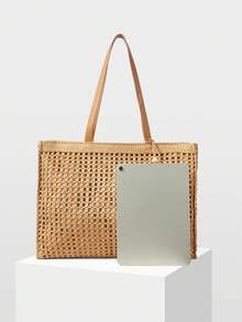 MOTF WOMEN'S TOTE BAG, STYLISH WOVEN HOLLOW SHOULDER BAG - Light brown - View 4