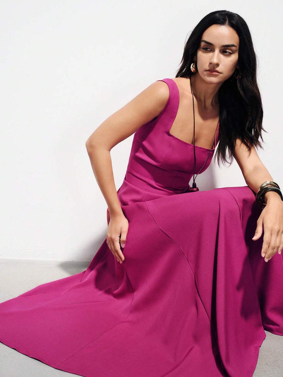 Aveloria Modichic Đầm không tay cổ vuông xẻ tà chất liệu giả lanh, kiểu dáng tối giản, thanh lịch, đa năng, thích hợp đi làm, đi nghỉ mát cho nữ. - Màu Hồng Tươi - Xem 1