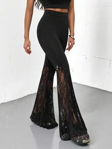 SHEIN Tall 女士秋冬四季哥特Y2K颓废风万圣节夜店装扮性感乡村音乐会Y2K黑色蕾丝小码喇叭裤 - 黑色 - 查看 2