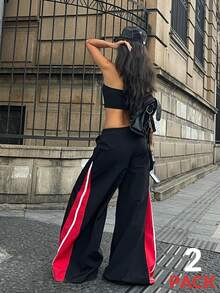 Coolane 女士春季音乐会服装 锐舞服装 复古街头风 Y2K 撞色抹胸上衣和阔腿运动裤两件套 - 黑色 - 查看 3