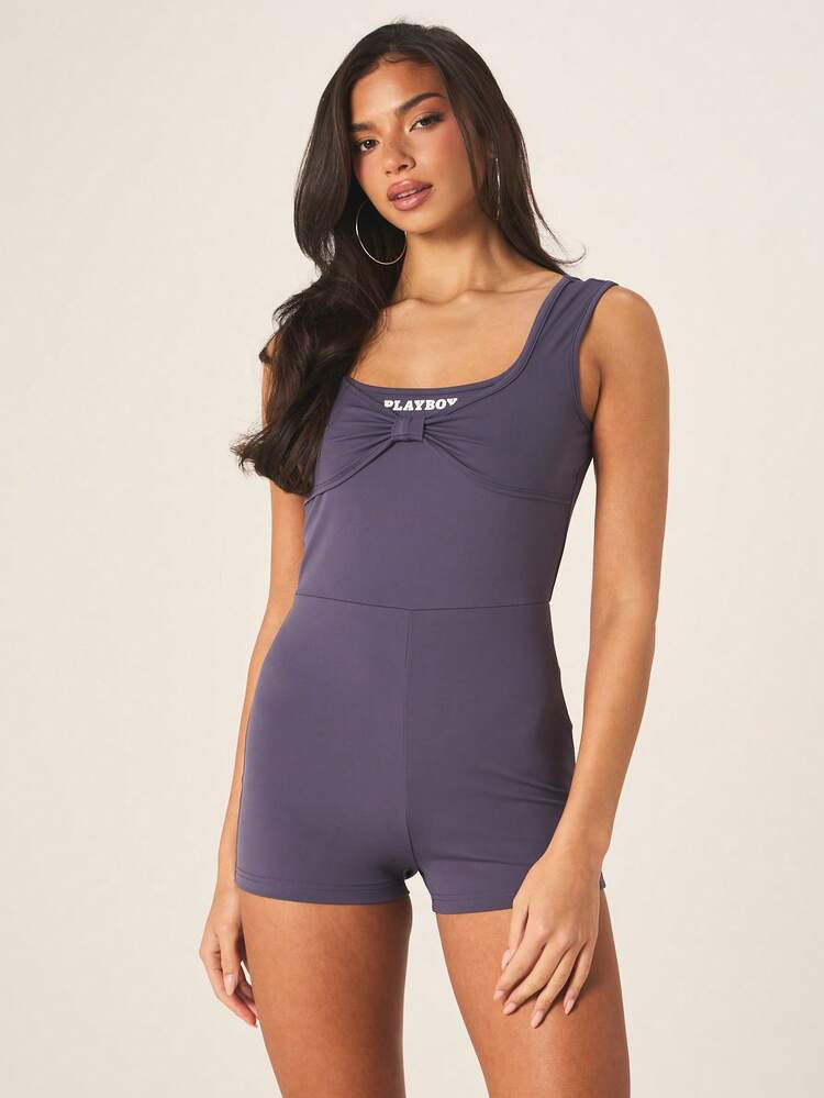 Missguided x Playboy Sleeveless Purple Ruched Panel Jumpsuit With Scoop Neckline High Rise Short Length Perfect For Summer Casual Wear And Weekend Outings