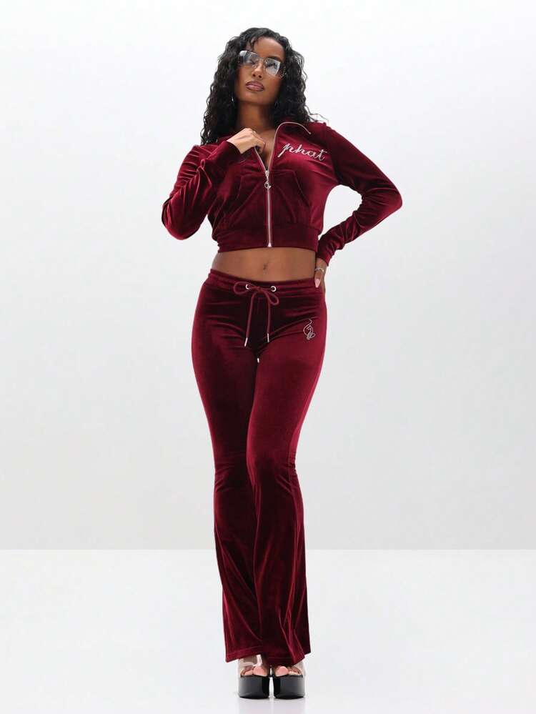 BABYPHAT Plus Size Burgundy Velour Full-Zip Sweatshirt With Rhinestone Text Embellishment And Centre Pocket For Fall Winter