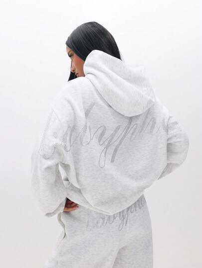 BABYPHAT Sudadera con capucha oversize de color gris jaspeado con strass y cordón para comodidad casual en invierno, talla grande