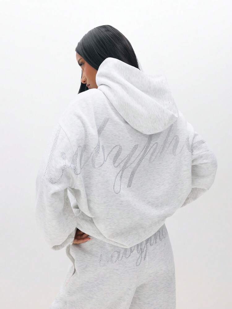 BABYPHAT Plus Size Heathered Grey Rhinestone Script Oversized Pullover Hoodie With Drawstring For Casual Winter Comfort