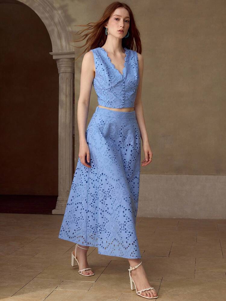 WOMEN'S EYELET EMBROIDERY TANK TOP AND SKIRT 2 PIECES SET, SPRING/SUMMER