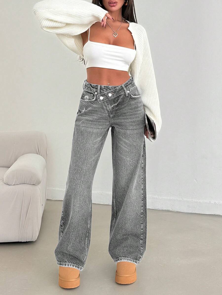 EURMUSE LOW RISE STRAIGHT CUT ASYMMETRIC BELT JEAN - Grey - View 1