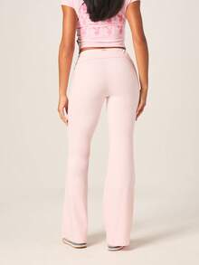 Missguided x Playboy Women's High Rise Flared Leggings With Cover Stitch Detail Pink Soft Stretchy Wide Leg Palazzo Style Casual Everyday Loungewear - Pink - View 3