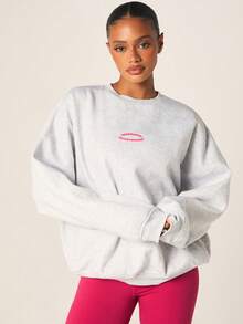 MISSGUIDED 女士宽松圆领卫衣，粉色Logo印花长袖休闲套头衫，适合秋冬季穿着 - 淺灰色 - 查看 5