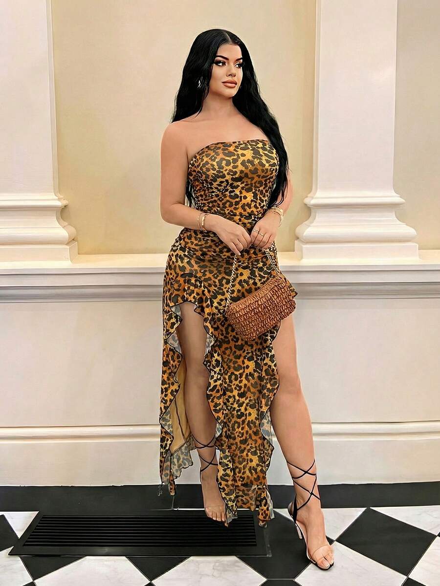 SHEIN SXY 女士性感优雅豹纹飘逸荷叶边开衩修身连衣裙,适合日常外出、聚会、约会、派对、海岛度假、海滩旅行 - 棕色 - 查看 1