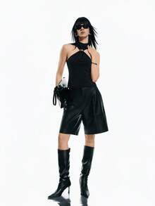 Airlisse Women's Halter Neck Cinched Waist Glitter Knit Tank Top Halter Tops For Women High Neck Top Black Top - Black - View 4