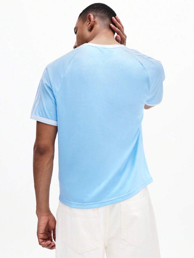 SUMWON Men Slim Fit Light Blue Crew Neck Short Sleeve Raglan Ringer T-Shirt With White Number 10 Chest Print Summer Casual Top