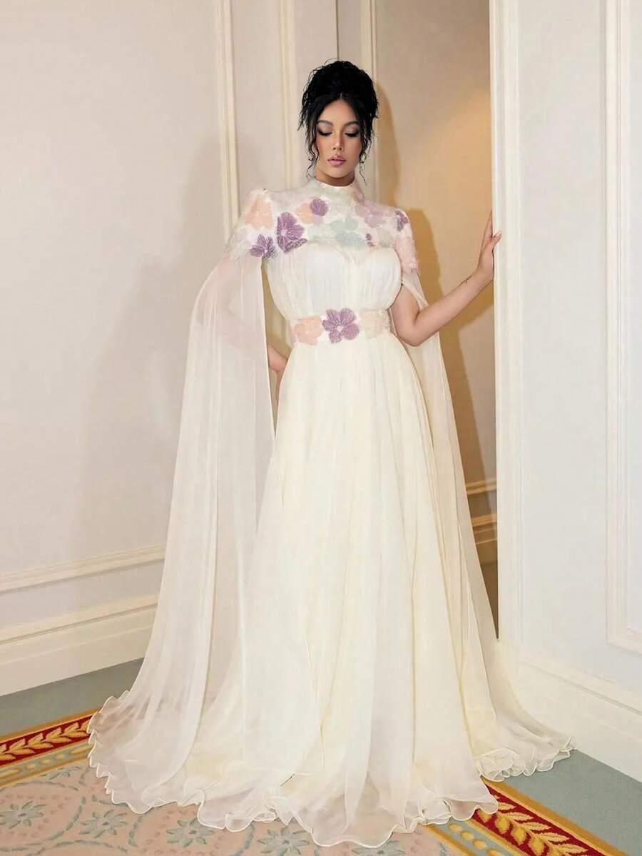 Elenzga Women's Floral Print Stand Collar Ruched Waist Dress With Extra Long Sleeves - White - View 1