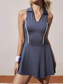 Gameset SHEIN Sport Courtclass 女款 Polo V 領網球高爾夫連身裙 藍白條紋 夏季 運動休閒風 高爾夫運動裙 背部鏤空 內建短褲附口袋 - 藍色 - 查看 4