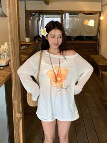 DAZY Women's Floral & Letter Print Oblique Shoulder Casual Versatile Daily Wear Long Sleeve T-Shirt - White - View 5