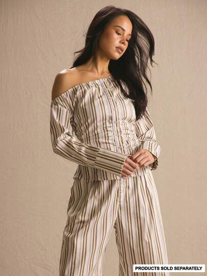 MUSERA Camisa de manga larga con hombros descubiertos, cintura ceñida, estampado de rayas y detalles de botones, cómoda y linda para uso diario, vacaciones y salidas sociales en primavera y verano