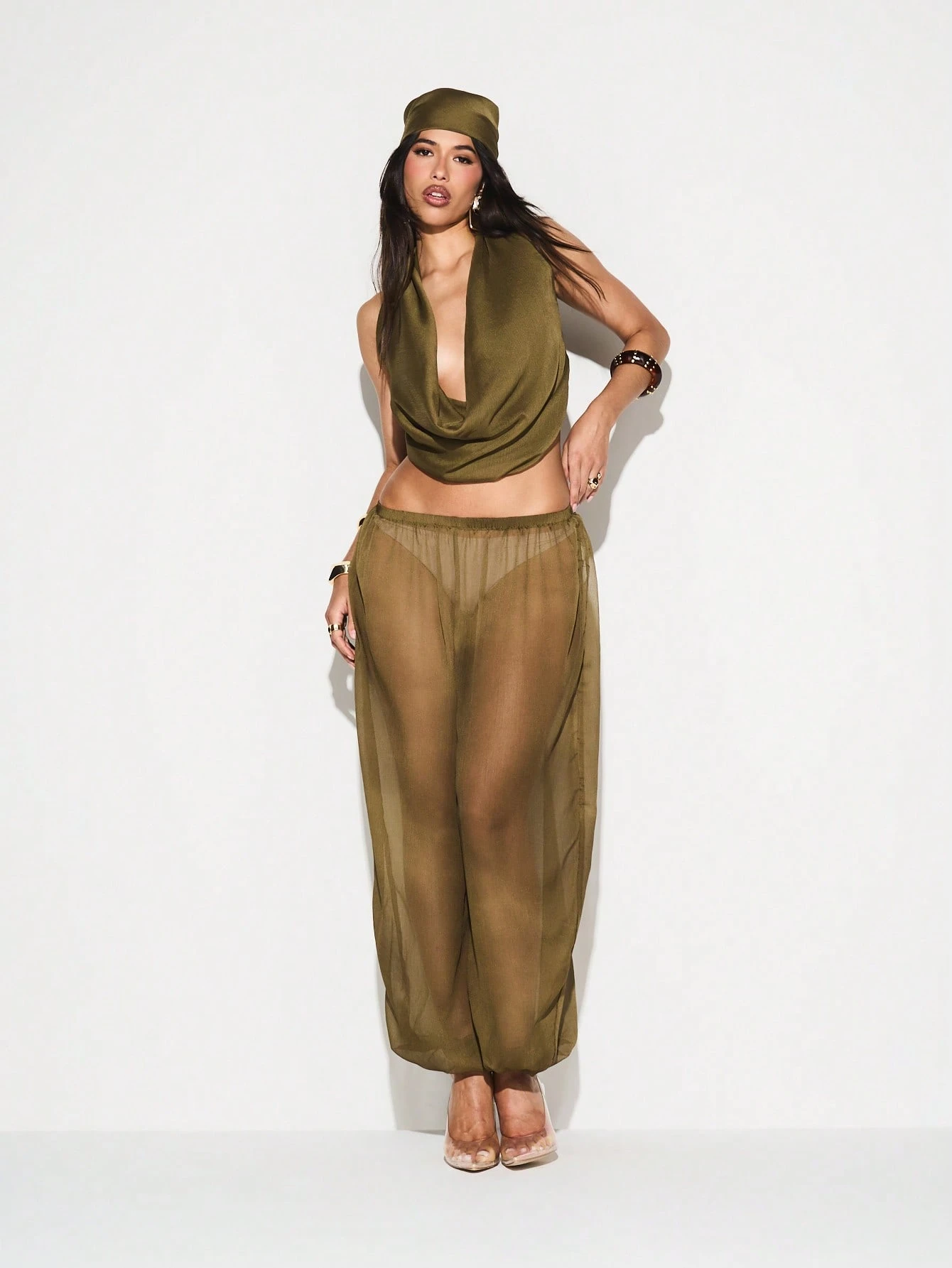 KIZN Sheer Cowl Neck Halter Cover Up With Bandana