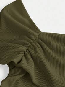 SHEIN Girlism 少女罗纹针织单肩褶饰修身休闲 T 恤，百搭 - 軍綠色 - 查看 3