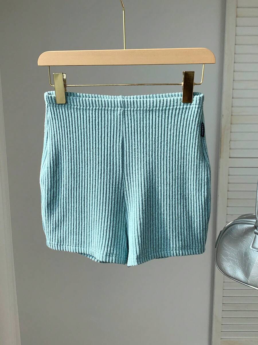 Comfortcana Women's Casual Ribbed Knit Cycling Shorts, Solid Color, Suitable For Daily Commute, Summer - Blue - View 1