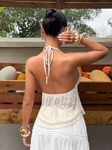 Sunnyshic 女士夏季露背深V蕾丝边不对称提花下摆度假吊带衫 - 杏色 - 查看 2