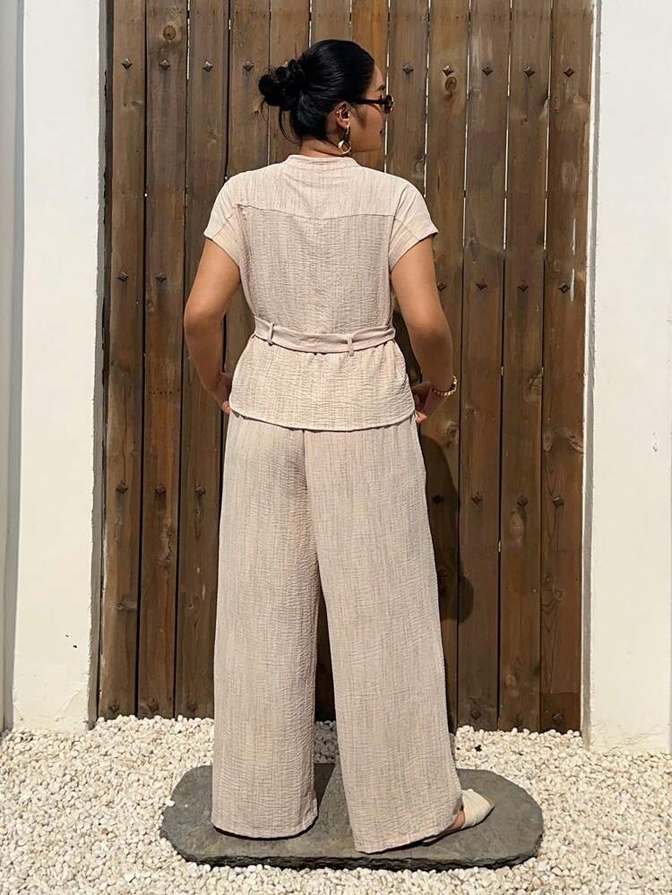 Dazy Plus Plus Size Casual Solid Color Shirt And Pants 2 Pieces Set Summer Lounge Sets For Women