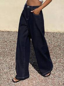 DAZY Loose Casual Straight-Leg Women's Jeans With Slant Pockets, Versatile - Navy Blue - View 4